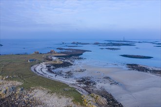 Aerial view of the island Ile Stagadon, in the background the lighthouse Phare de l'Ile Vierge, in