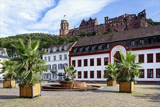 Karl square with the Academy of Science and a view to Heidelberg castle, Heidelberg, Baden