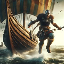 Dragon boat, Viking ship of the Vikings on a raid, a warrior jumps ashore, AI generated, AI