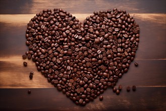 A heart shape made of rich, dark coffee beans sits atop a rustic wooden background, symbolizing a