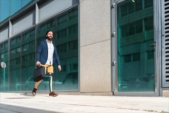 Photo with copy space of a businessman with prosthetic leg walking along a financial district
