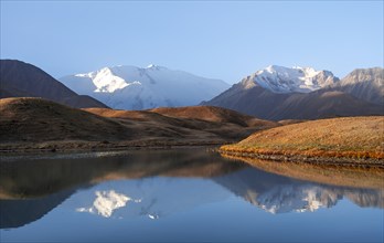 Morning atmosphere, mountains reflected in a small mountain lake, Pik Lenin, Trans Alay Mountains,