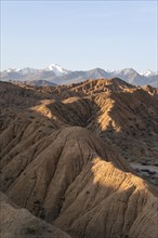 Sunrise over canyons, Tian Shan mountains in the background, eroded hilly landscape, badlands,