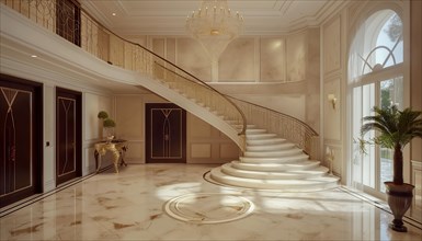 Elegant interior featuring a grand staircase with marble floors and an ornate chandelier, AI