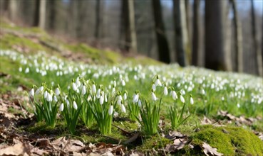 A carpet of snowdrops covering the forest floor in springtime AI generated