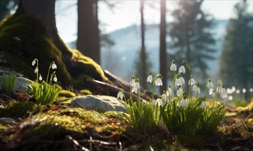 Snowdrops at the base of a pine tree in soft sunlight, embodying peaceful spring scenery AI