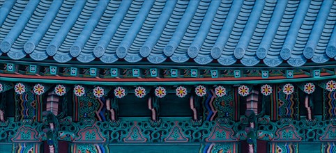 Seoul, South Korea, March 18, 2017:Tiled roof of Seoul's Gyeong Bok Gung Palace in stunning colors