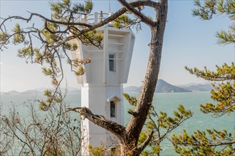 Top of white lighthouse seen through trees with ocean and mountains in background