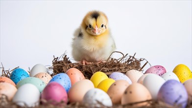 A chick stands in a nest surrounded by colorful Easter eggs against a white backdrop, conveying a