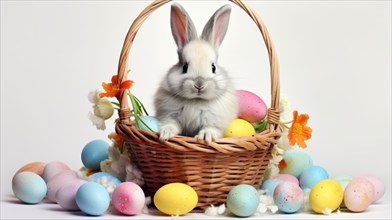 A white and brown rabbit sitting amidst Easter eggs and spring flowers in a basket AI generated