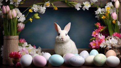 A white rabbit sits among colored Easter eggs and spring flowers within a wooden frame AI generated