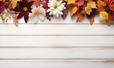 A mix of autumn leaves, flowers, and berries on a white wooden background AI generated