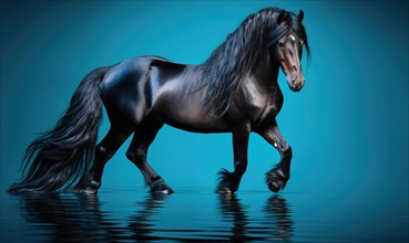 Black horse with long mane running in water on dark blue background AI generated