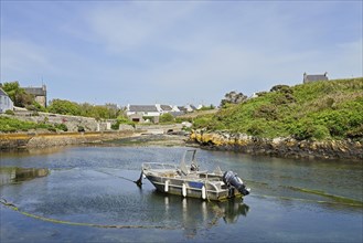 Boats in the small inland harbour of Lampaul, Ouessant Island, Finistere, Brittany, France, Europe