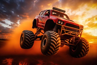Monster truck driving and jumping outdoors amidst a cloud of dust. Thrill and adrenaline of an
