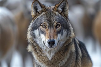 Portrait of a gray wolf (Canis lupus) with focussed gaze and blurred background with a flock of