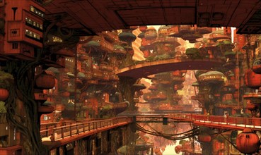 A vibrant concept art of a bustling futuristic city with an advanced urban civilization AI