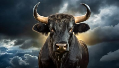 Black bull in front of dark clouds and stormy sky, AI generated, AI generated