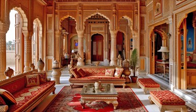 Traditional and opulent palace interior with intricate designs and warm red and gold tones, AI