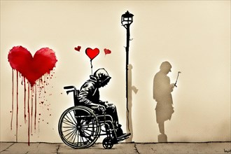 A powerful illustration showing a person in a wheelchair and a bleeding heart graffiti on the wall,