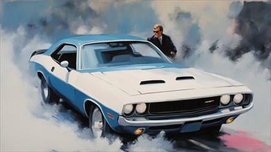 A captivating painting of a blue american 1970s muscle vintage retro car drive down bustling street