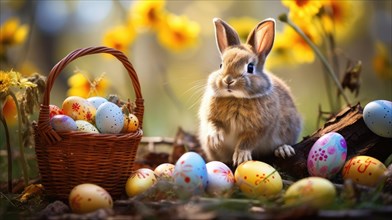 A rabbit beside a basket of Easter eggs among yellow daffodils in a woodland setting AI generated