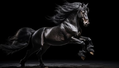 Beautiful black stallion with flying mane on black studio background AI generated