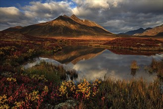 Reflection of mountains in a small lake in morning light, clouds, tundra, autumn, Dempster Highway,