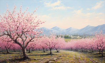 A serene landscape painting of cherry trees with pink blossoms against a mountain backdrop AI