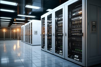 A modern data center with rows of server racks, high technology, artificial intelligence AI and
