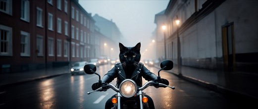 An angry motorcyclist cat rides a motorcycle through the city, AI generated