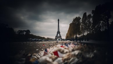 Garbage on the streets of Paris after sports competitions and concerts. Concept of the Olympic