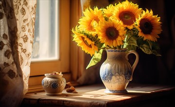 A vase of sunflowers on a wooden table by the window, with cookies, evoking a cozy morning AI