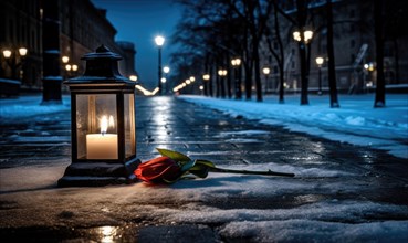 Lantern with a red rose on a snowy street at night AI generated