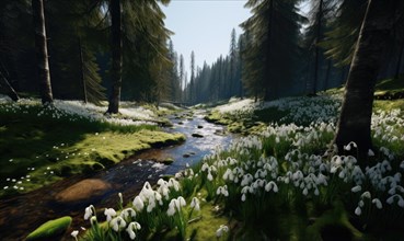 A gentle stream meanders through a forest blooming with white flowers AI generated