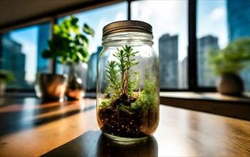 Bottle garden, mini biotope, eco system in a glass jar in a city flat, AI generated, room,