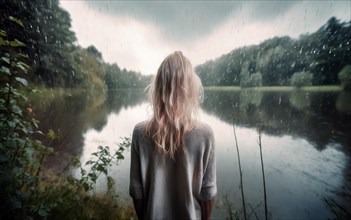 Suicidal thoughts, a young depressive woman with suicidal intent stands on the shore of a lake in