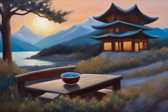 An artwork showing a serene sunset with a tea cup on a bench by a lake, AI generated