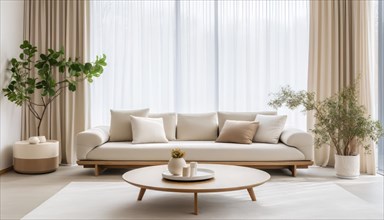 A cozy and elegant living room with a modern sofa, coffee table, and indoor plants bathed in