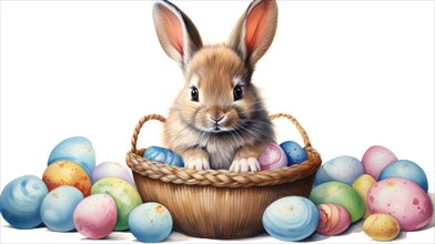 A rabbit in a basket surrounded by colorful Easter eggs conveying a festive Easter holiday