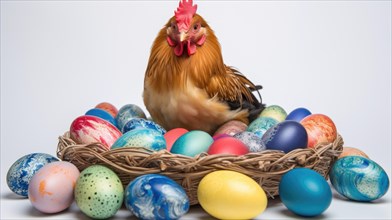 Chicken perched in a basket with a variety of dyed Easter eggs AI generated