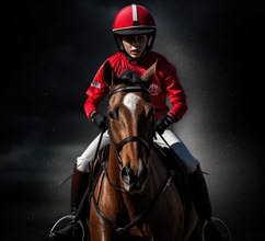 Horse rider in helmet and red jacket riding on a dark background AI generated