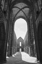 Nave of the ruins of the abbey church of Saint-Mathieu on the Pointe Saint-Mathieu, Plougonvelin,