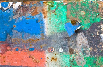 Colourful pattern of peeling paint and rust on a metal surface, weathering with blue, white and