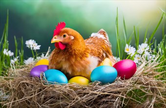 Easter, a chicken sits in an Easter nest with colourful Easter eggs, AI generated, AI generated