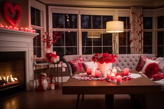 A cozy living room adorned with Valentine's Day decorations, featuring pink balloons, a bouquet of