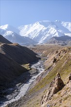 Valley with river Achik Tash between high mountains, mountain landscape with peak Pik Lenin, Osh