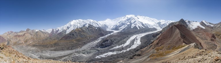 Panorama, high mountain landscape with glacier moraines and glacier tongues, glaciated and