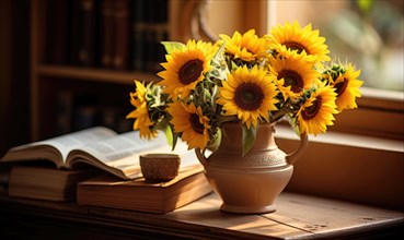 Terracotta vase with sunflowers, books on a wooden table in soft light AI generated
