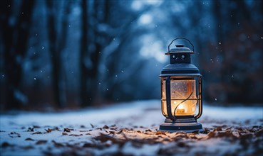 Vintage lantern in the winter forest. Christmas background with lantern in the snow. Selective